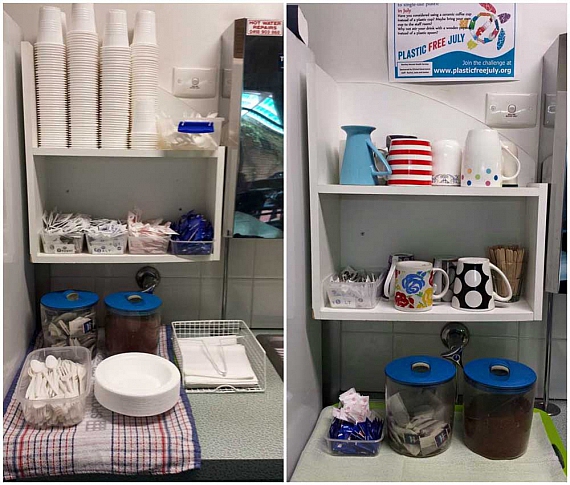 before-after photo of the inside of a kitchen cupboard, before full of plastic and packaged items (e.g. plastic cutlery and styrofoam cups), after full of reusable items (e.g. ceramic mugs)