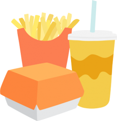 Single use fast food packaging for a burger, chips and drink