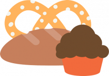 pretzel, bread and muffin