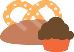 pretzel, bread and muffin